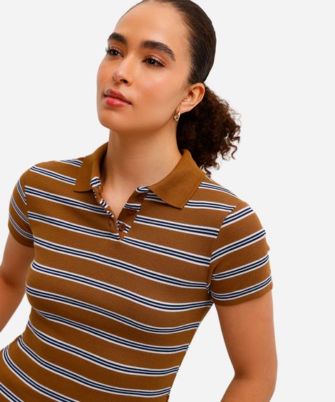 polo básica feminina com algodão canelada listrada marrom