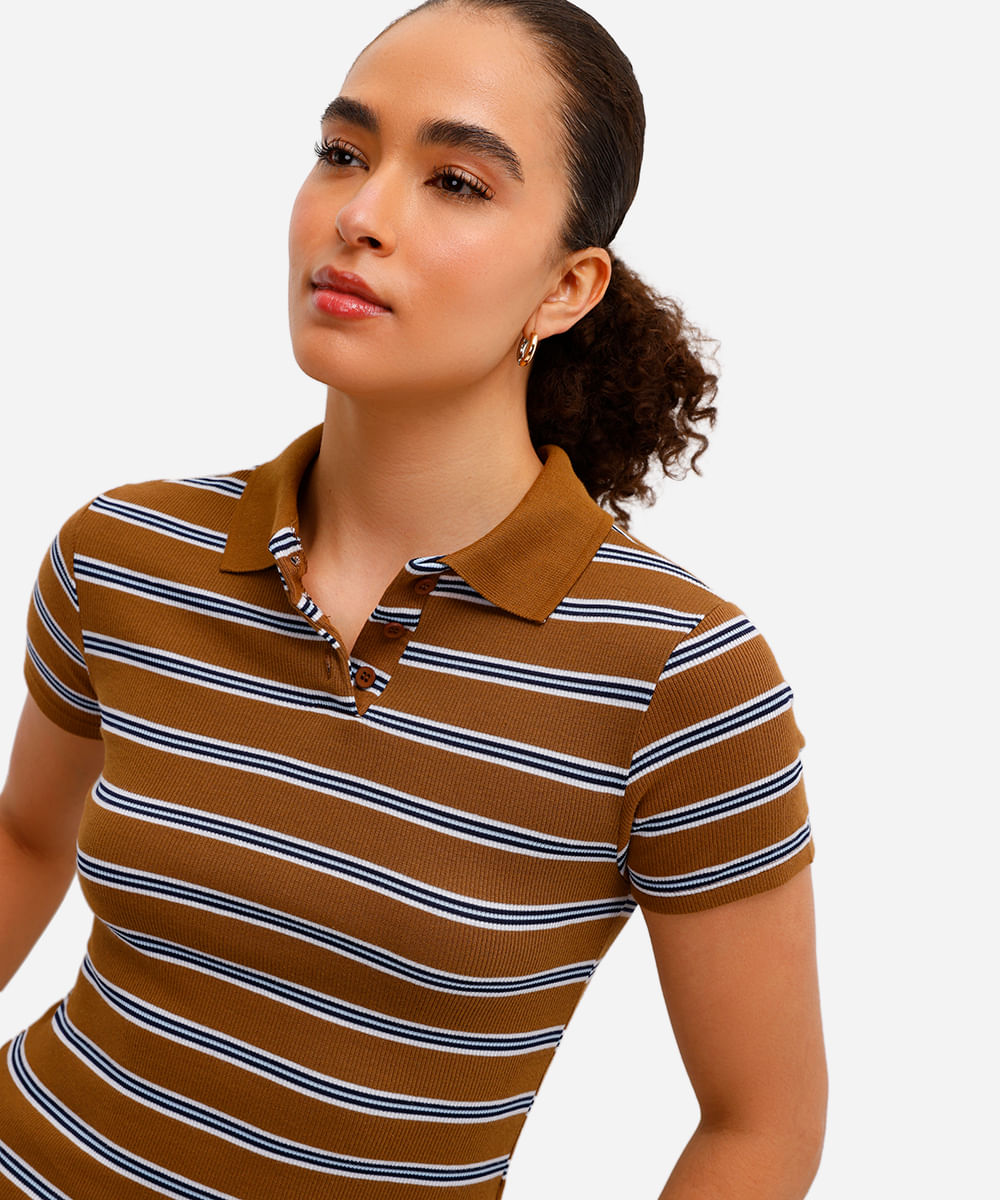 polo básica feminina com algodão canelada listrada marrom
