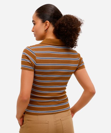 polo básica feminina com algodão canelada listrada marrom