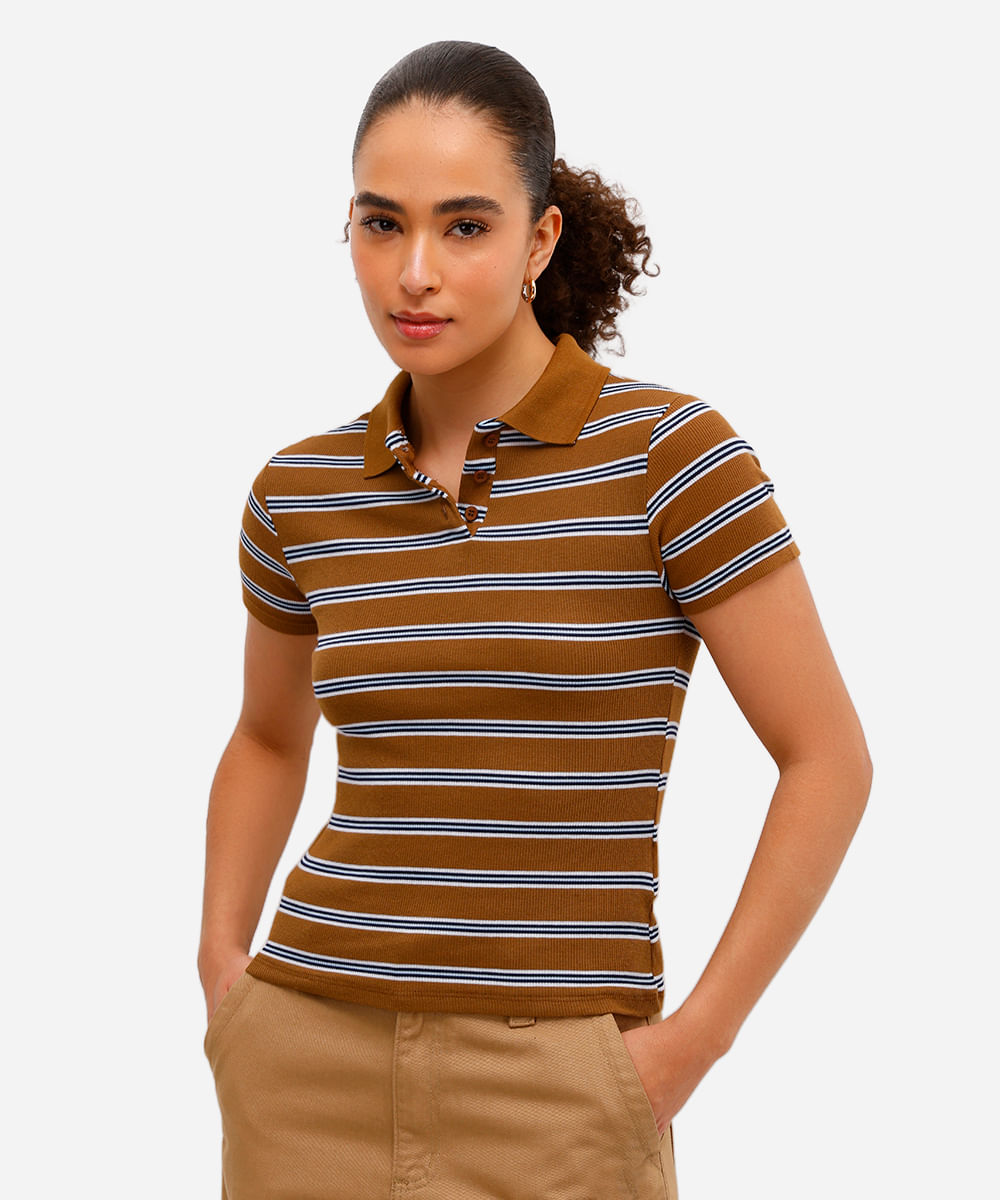 polo básica feminina com algodão canelada listrada marrom