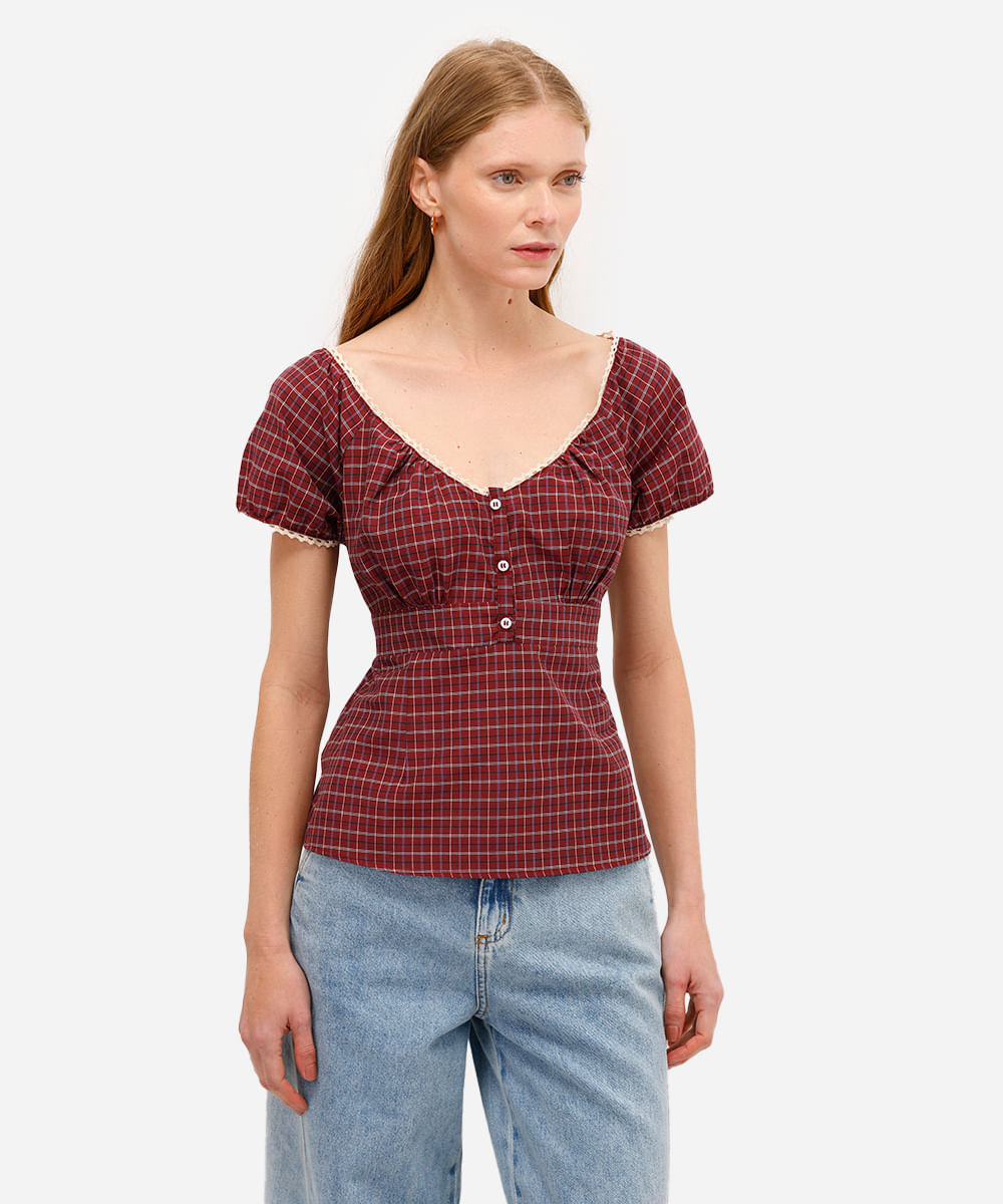 bata feminina xadrez com renda e botões vinho