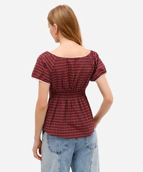 bata feminina xadrez com renda e botões vinho