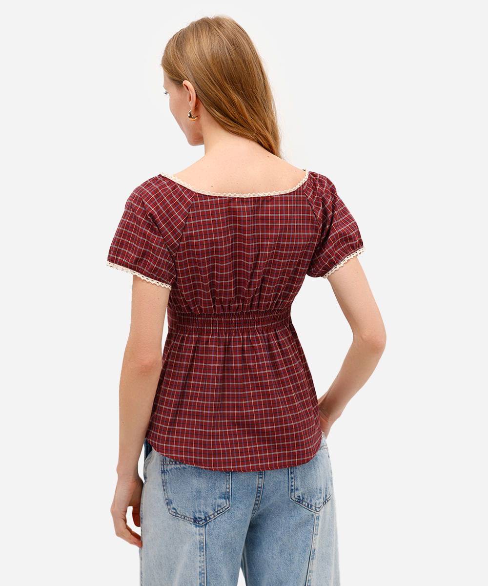 bata feminina xadrez com renda e botões vinho