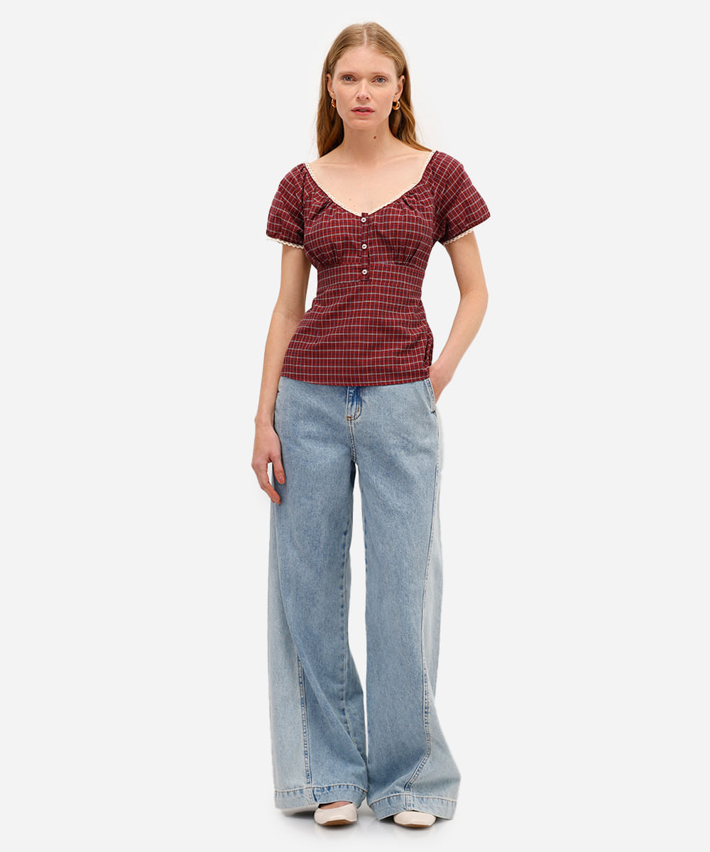 bata feminina xadrez com renda e botões vinho