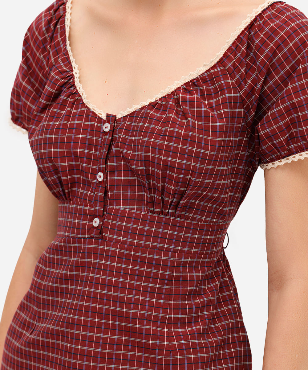 bata feminina xadrez com renda e botões vinho