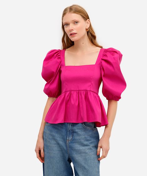 blusa peplum feminina manga bufante rosa