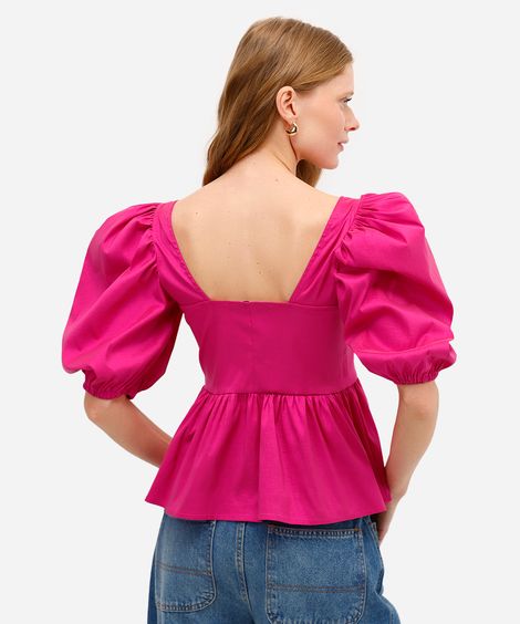 blusa peplum feminina manga bufante rosa