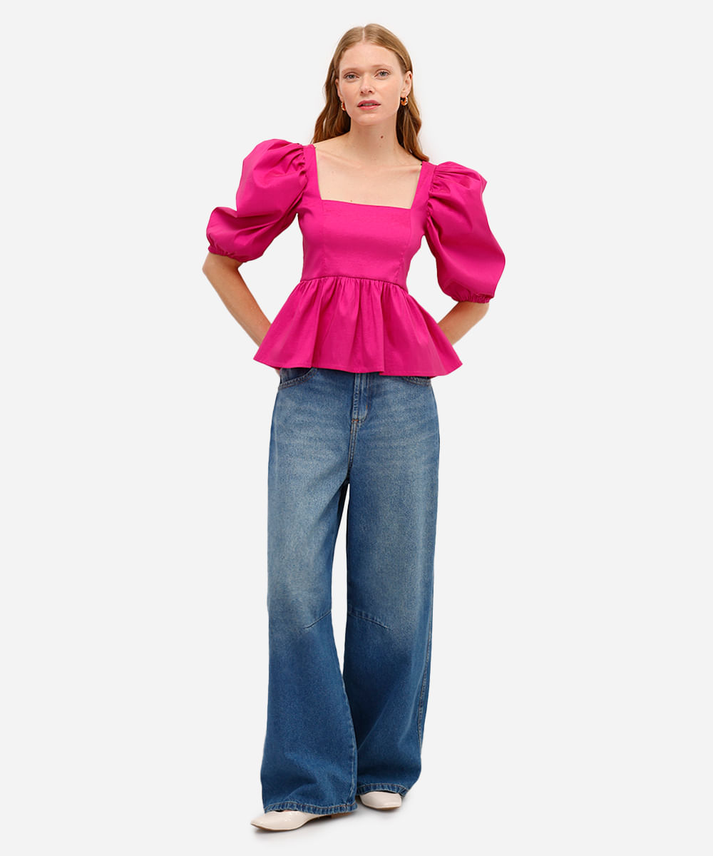 blusa peplum feminina manga bufante rosa