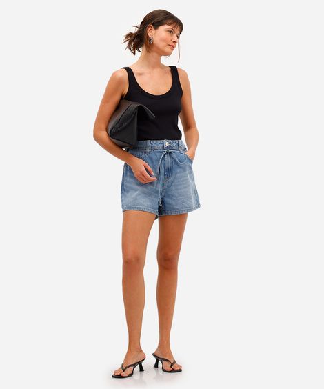 short mom feminino jeans com cinto cordão azul