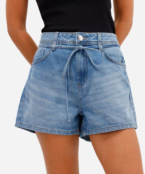 short mom feminino jeans com cinto cordão azul