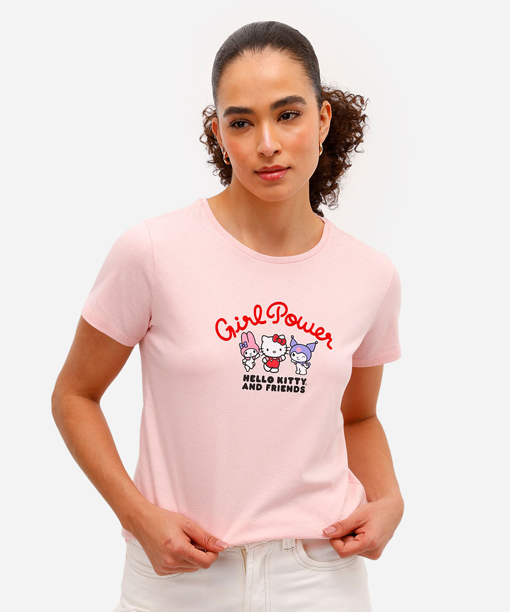 camiseta feminina de algodão hello kitty texturizada rosa