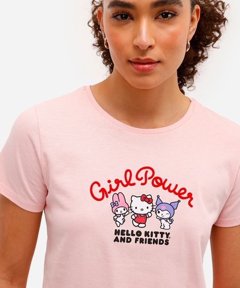 camiseta feminina de algodão hello kitty texturizada rosa
