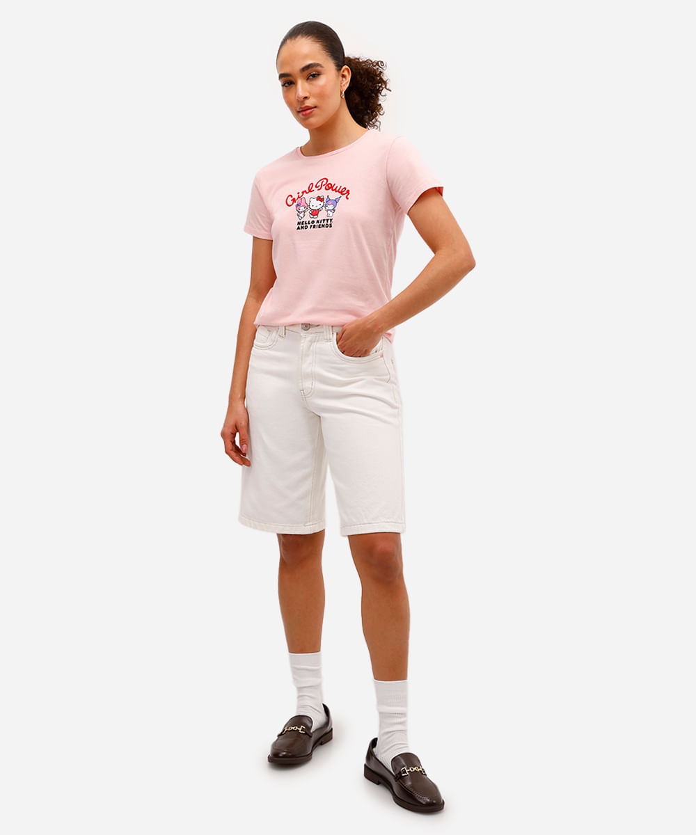 camiseta feminina de algodão hello kitty texturizada rosa