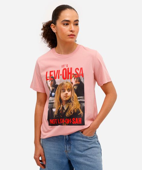 camiseta feminina de algodão manga curta harry potter rosa