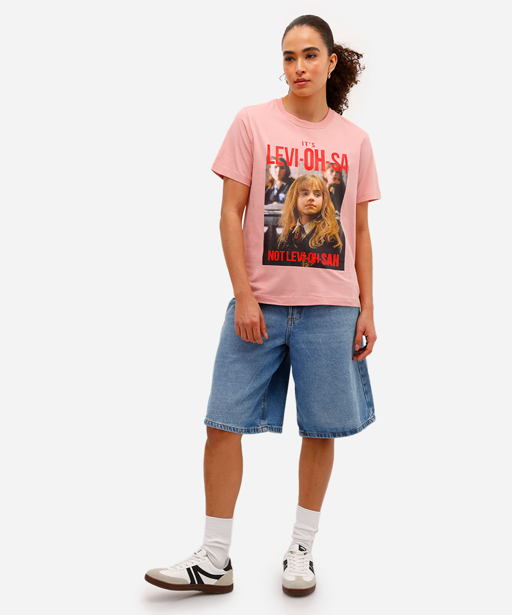 camiseta feminina de algodão manga curta harry potter rosa