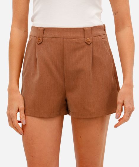 short feminino de alfaiataria com bolsos marrom