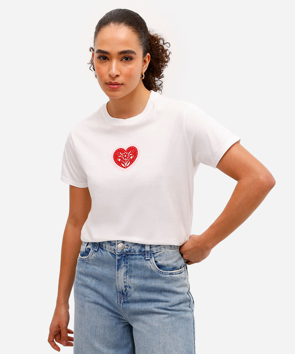 camiseta feminina de algodão coração off white