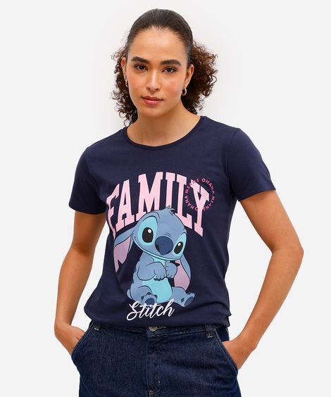 camiseta feminina de algodão stitch manga curta azul