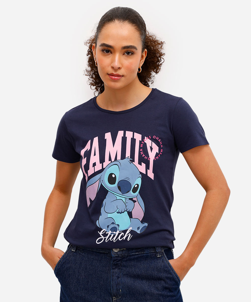 camiseta feminina de algodão stitch manga curta azul