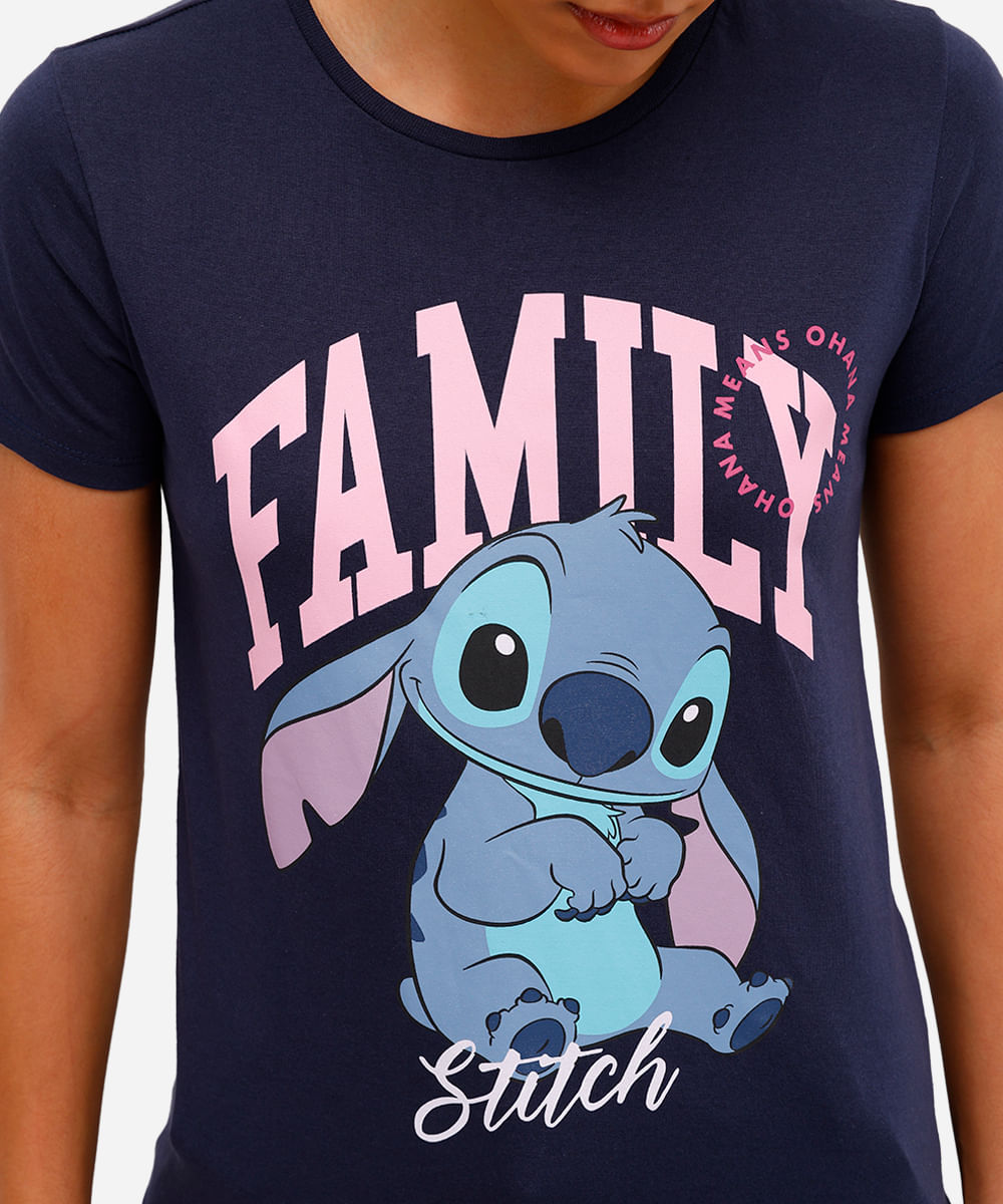 camiseta feminina de algodão stitch manga curta azul