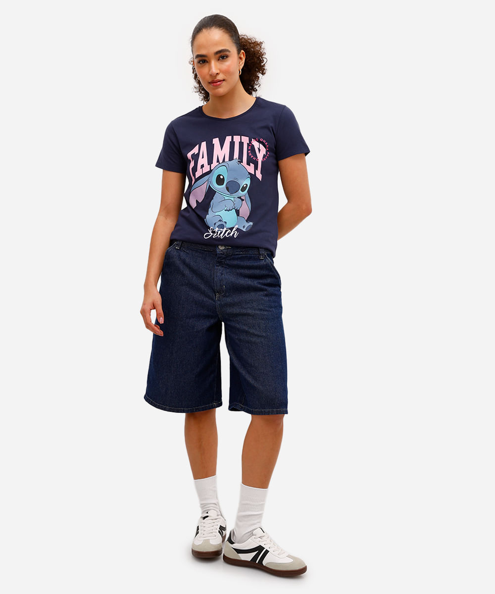 camiseta feminina de algodão stitch manga curta azul