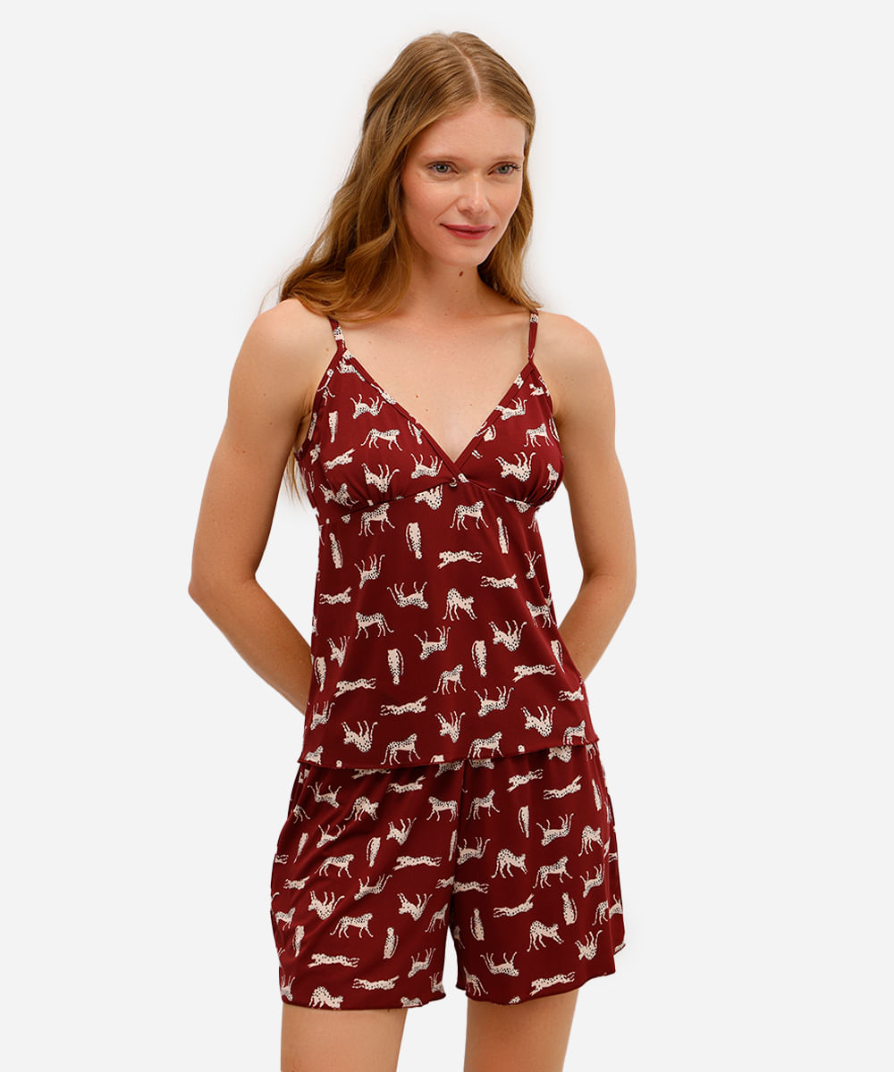 pijama short doll feminino animal print vinho