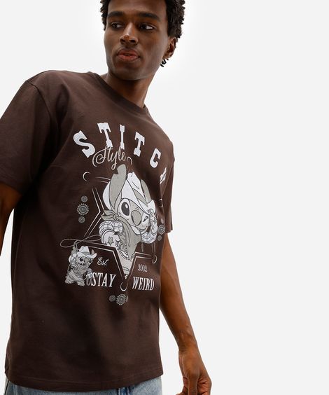 camiseta relaxed masculina de algodão manga curta stitch marrom