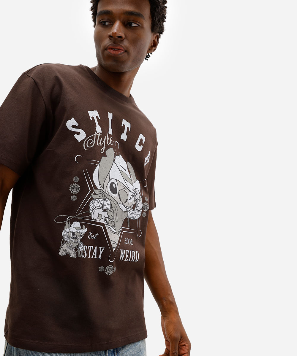 camiseta relaxed masculina de algodão manga curta stitch marrom