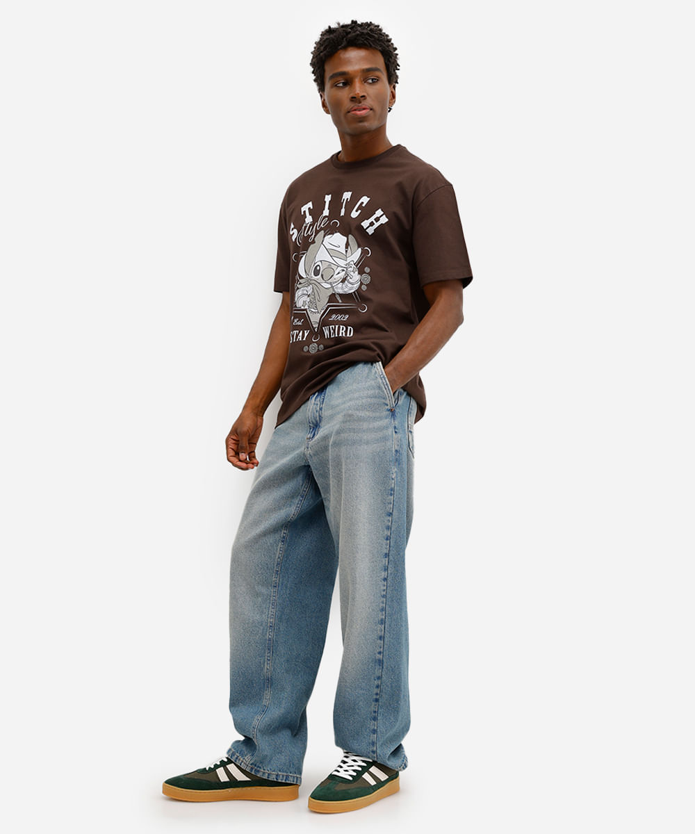 camiseta relaxed masculina de algodão manga curta stitch marrom