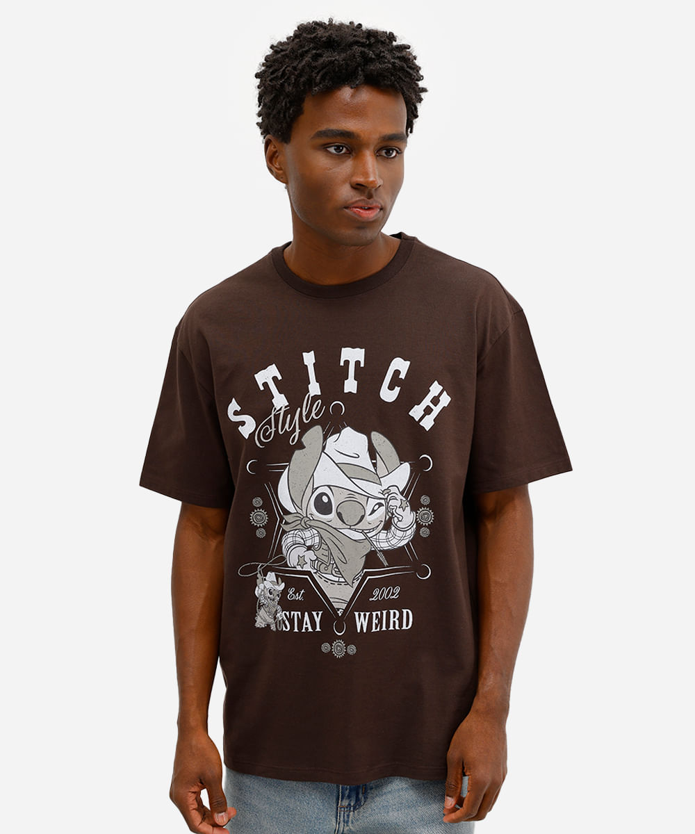 camiseta relaxed masculina de algodão manga curta stitch marrom