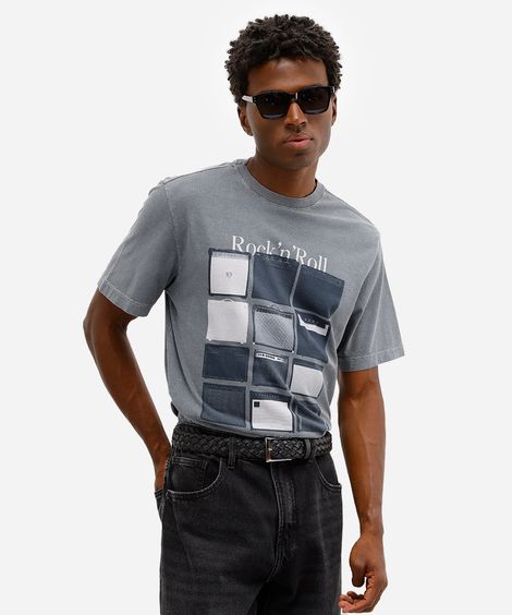 camiseta comfort masculina de algodão rock n roll cinza