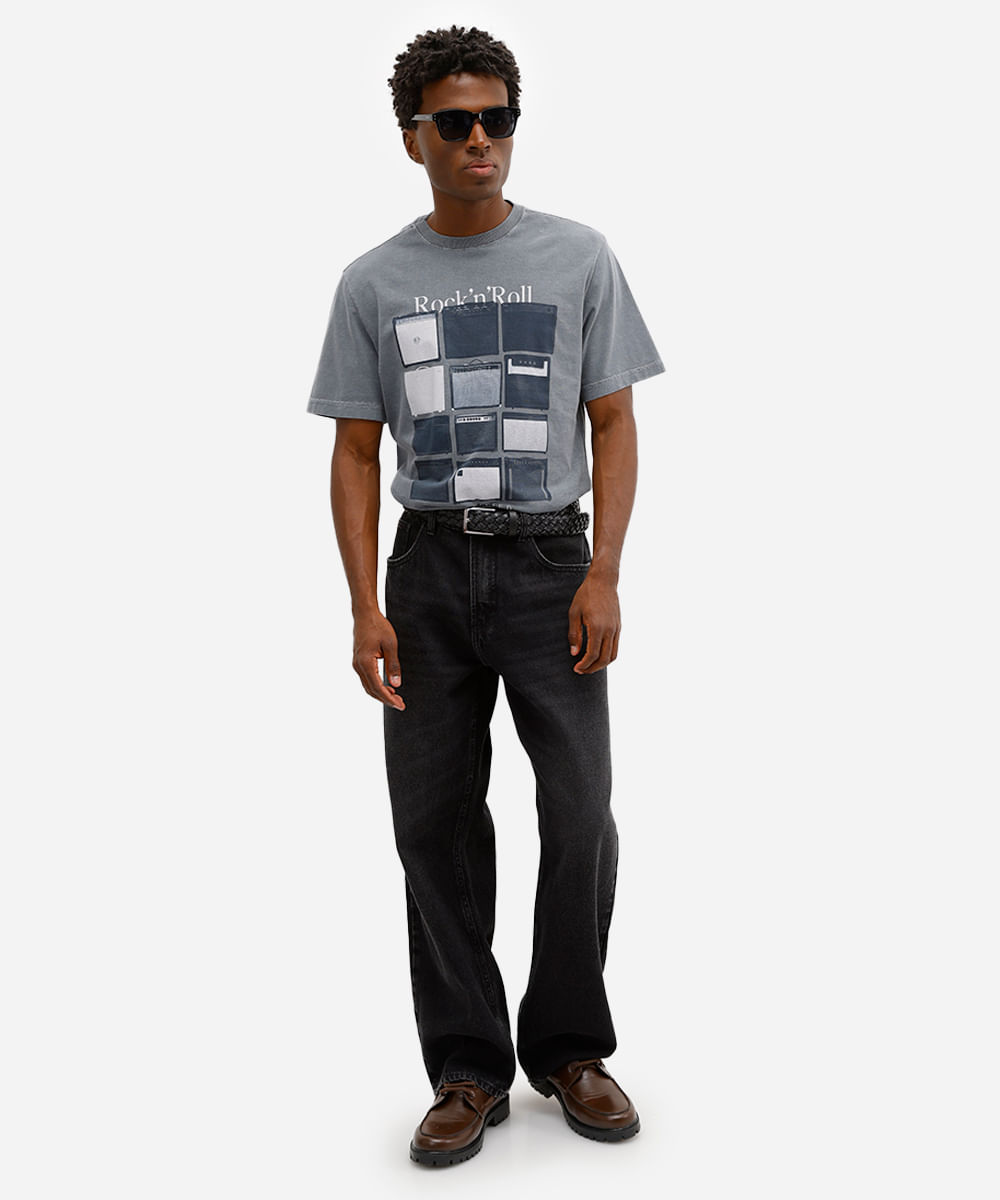 camiseta comfort masculina de algodão rock n roll cinza