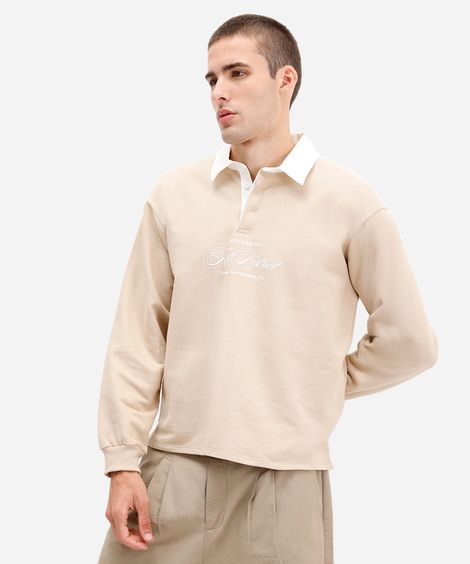 polo masculina de moletinho manga longa art district bege