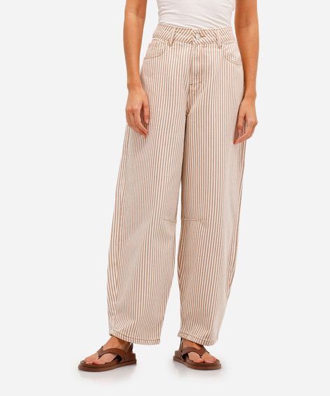 calça balloon feminina de sarja com pregas listrada off white
