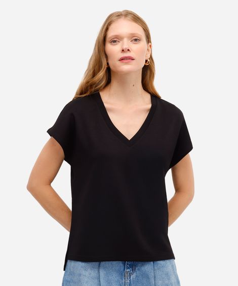 blusa básica feminina decote v manga curta preta