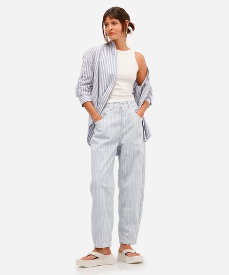 calça baggy feminina jeans cintura alta listrada azul