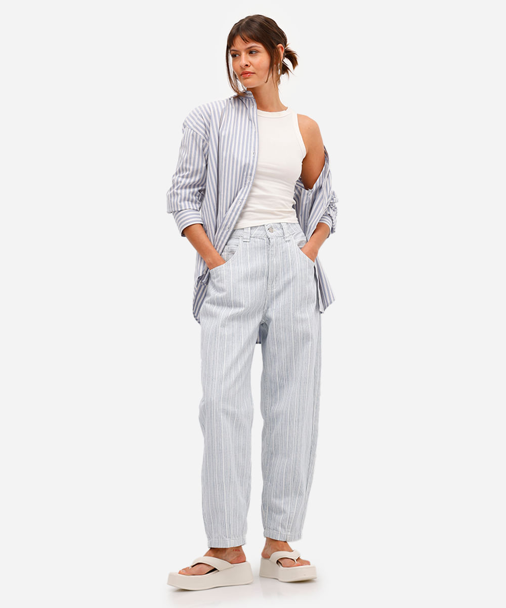 calça baggy feminina jeans cintura alta listrada azul