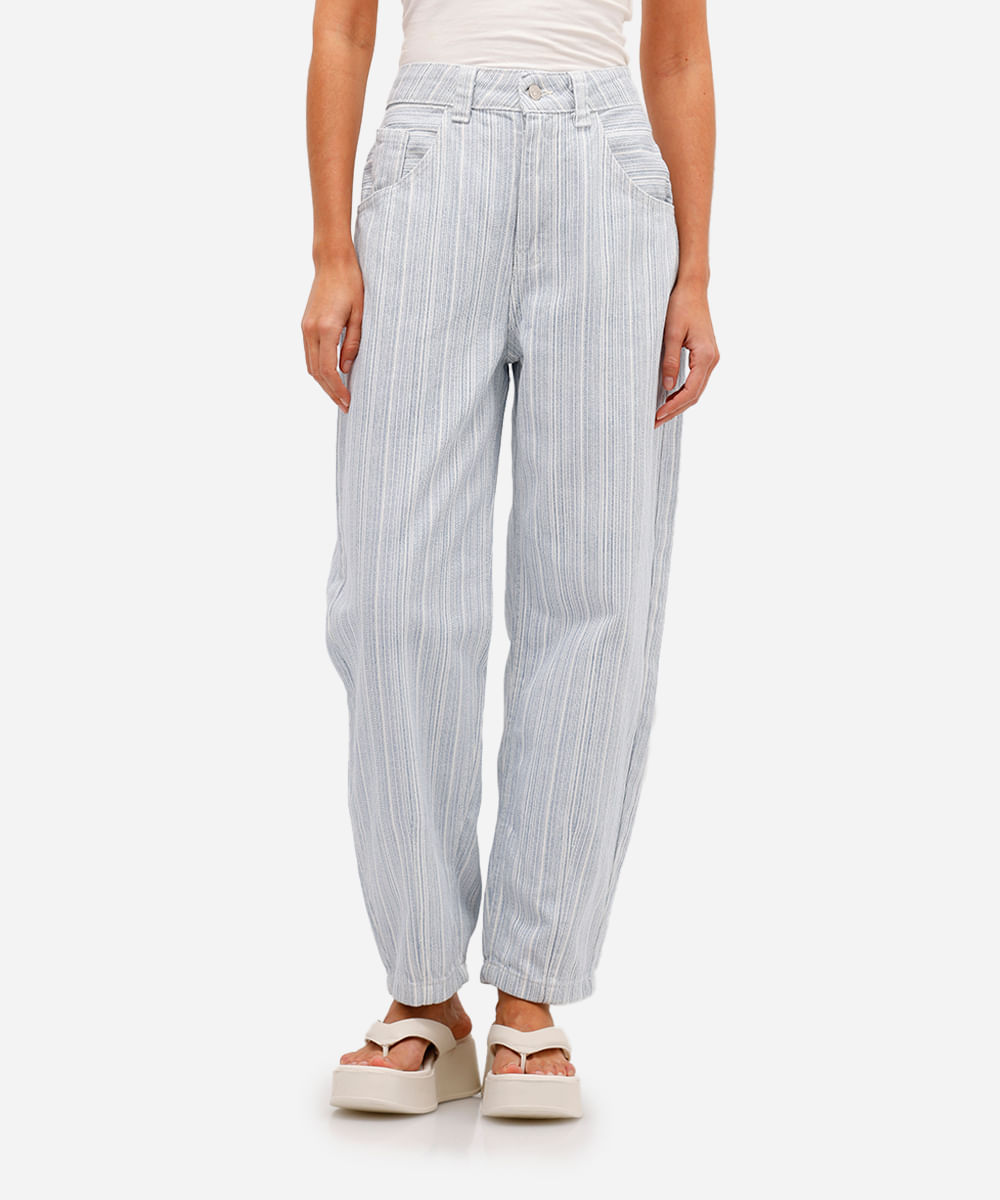 calça baggy feminina jeans cintura alta listrada azul