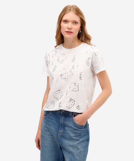 camiseta feminina de algodão hello kitty metalizada off white