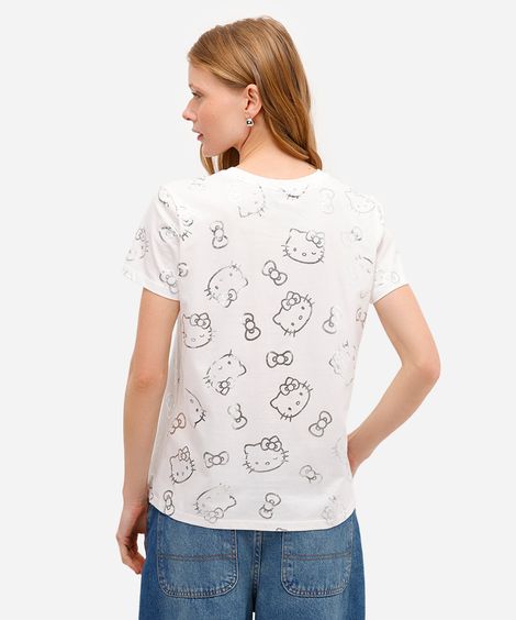 camiseta feminina de algodão hello kitty metalizada off white