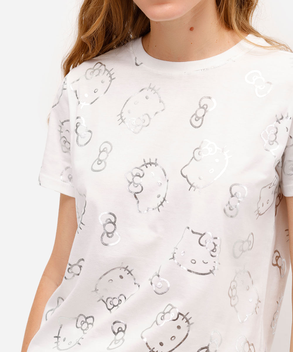 camiseta feminina de algodão hello kitty metalizada off white