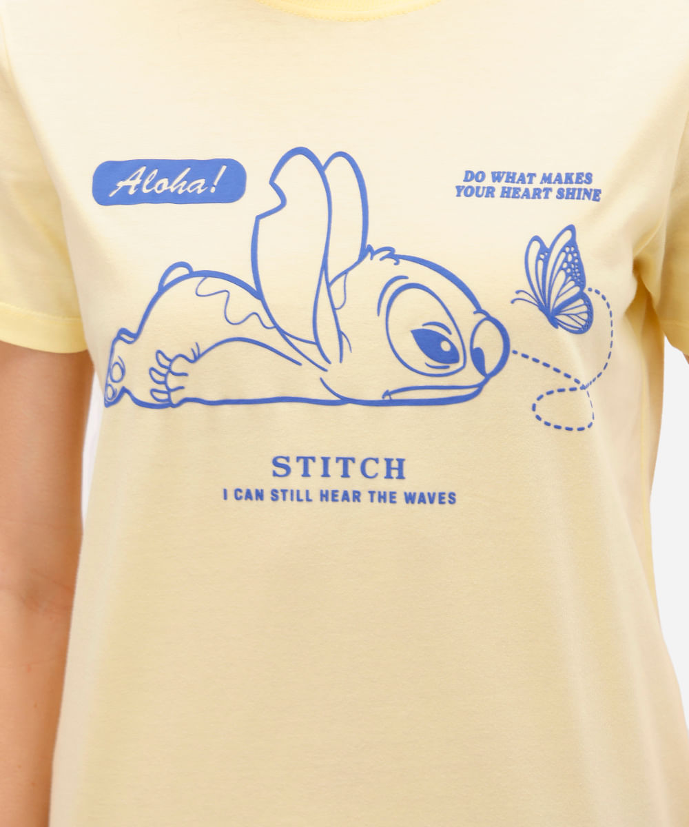 camiseta feminina de algodão stitch amarela