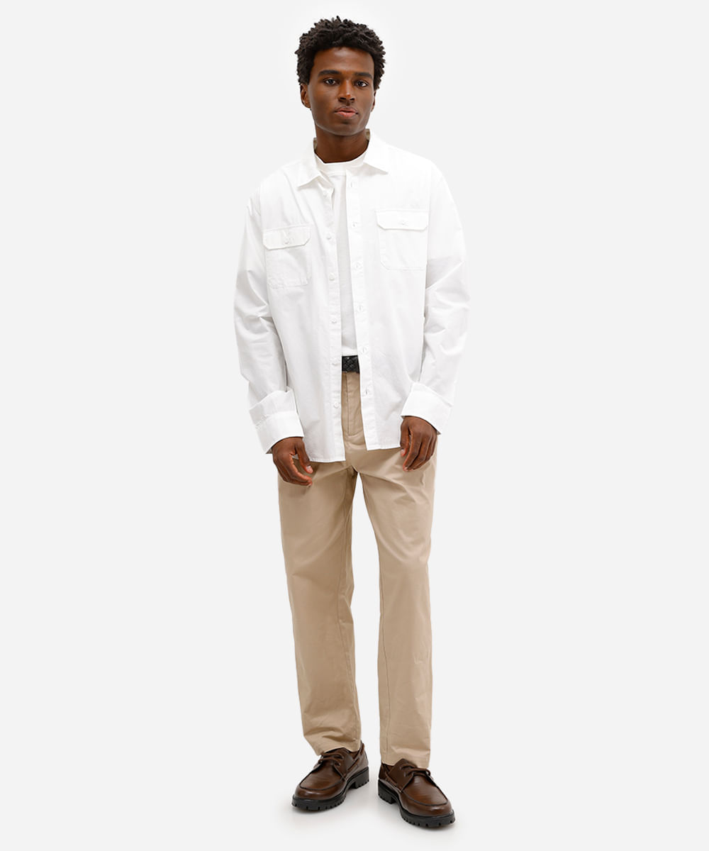 camisa comfort masculina de sarja manga longa branca