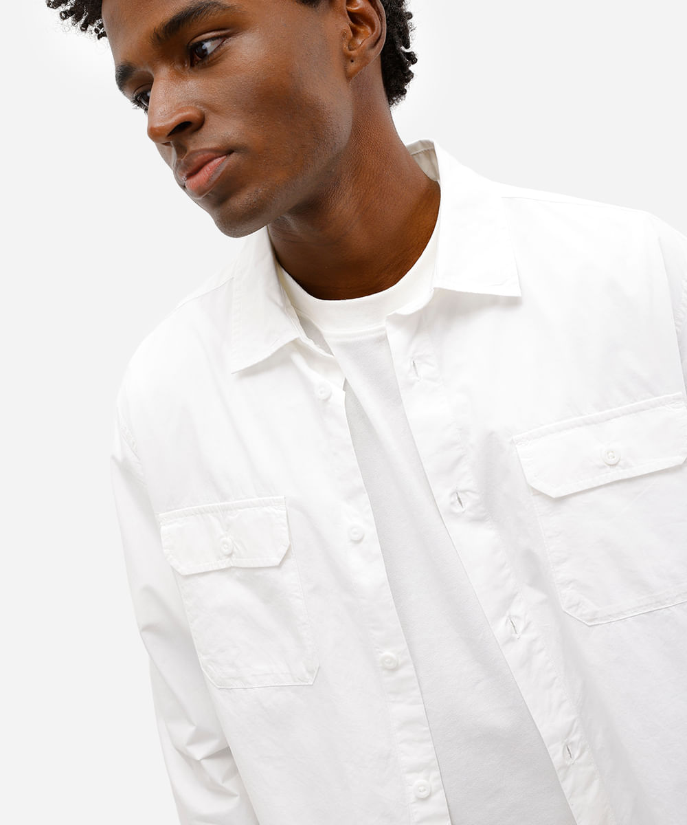 camisa comfort masculina de sarja manga longa branca