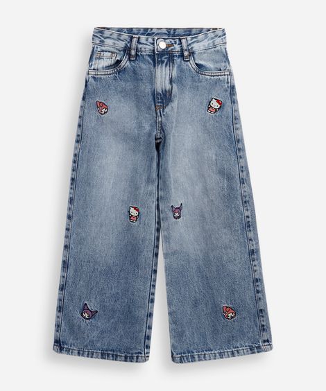 calça wide leg infantil jeans hello kitty e amigos azul