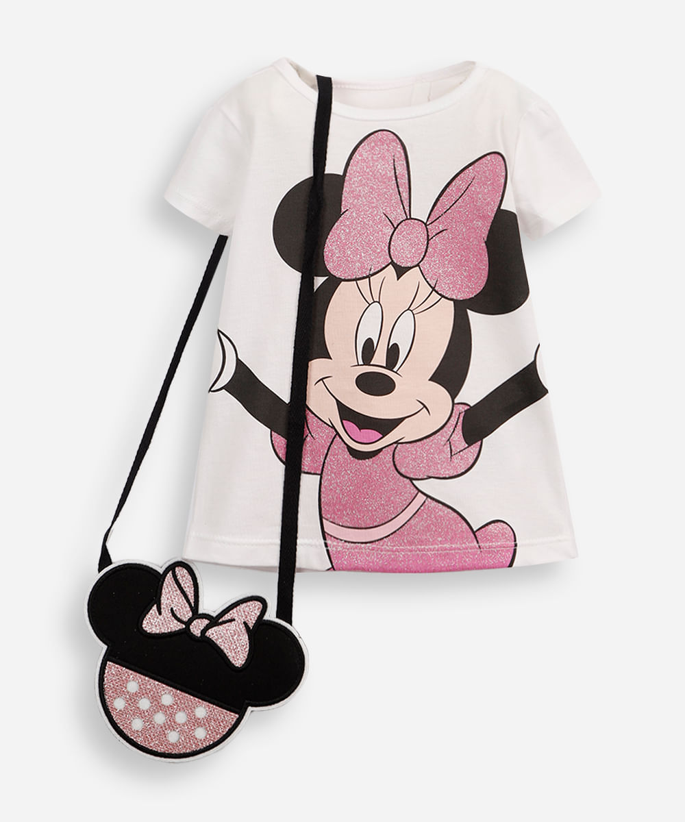 camiseta de algodão infantil minnie com bolsinha off white