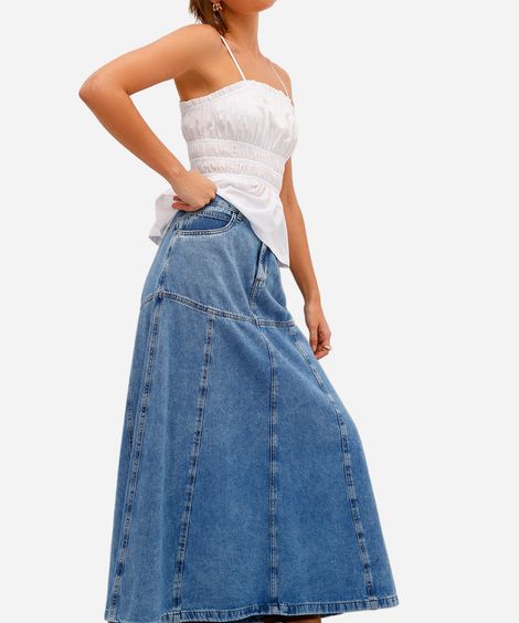 saia evasê feminina jeans cintura alta com recortes azul