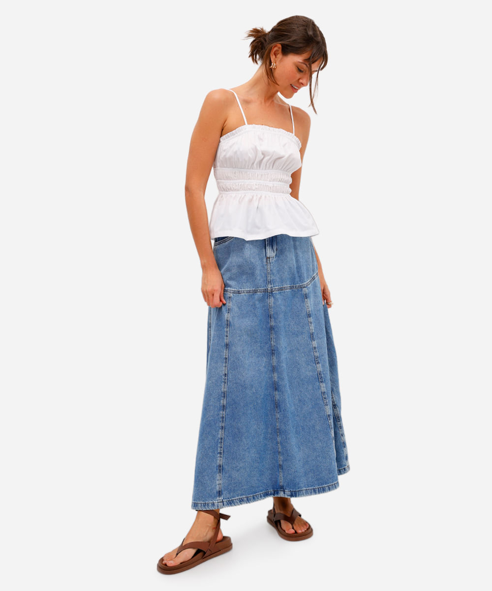 saia evasê feminina jeans cintura alta com recortes azul