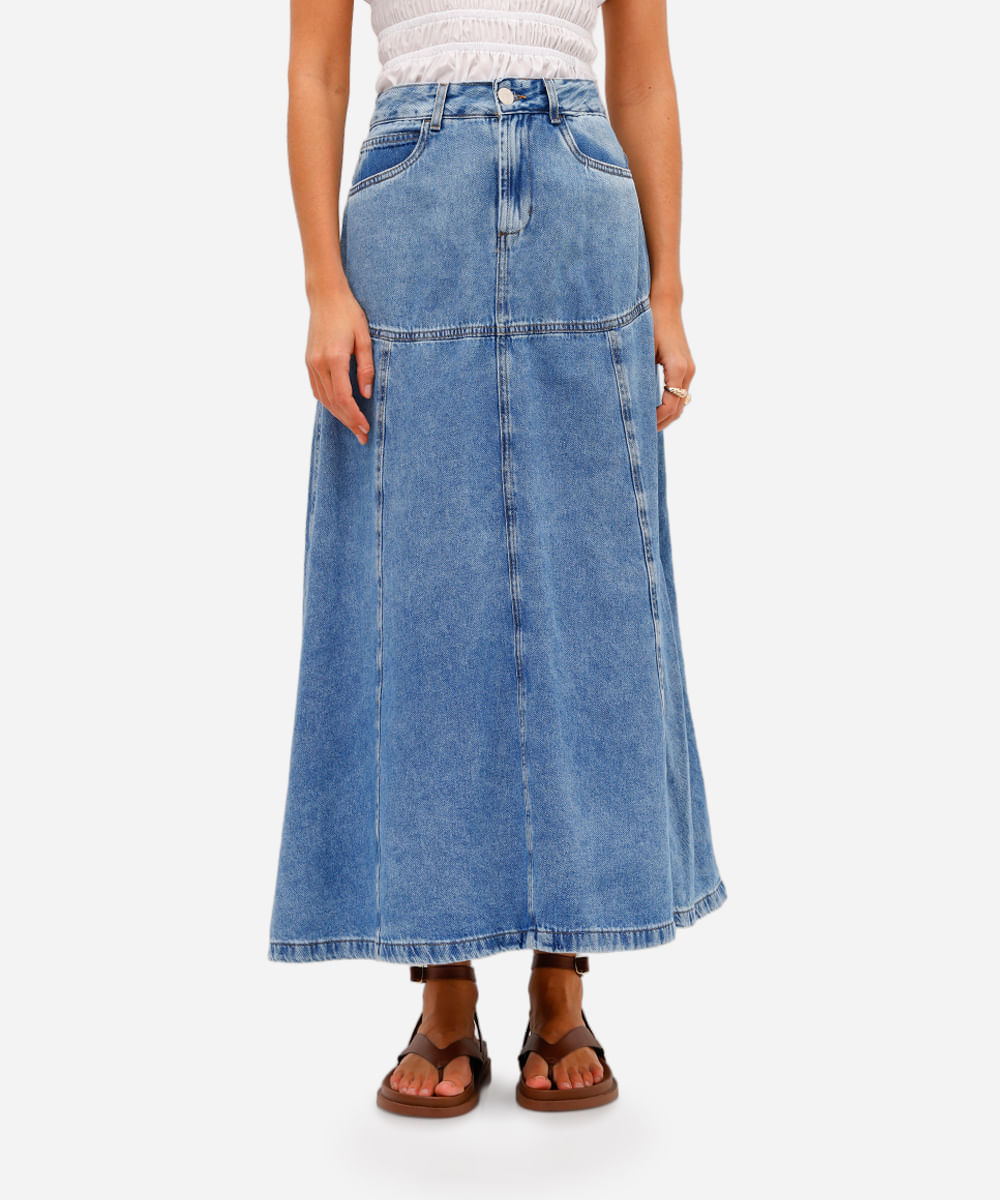 saia evasê feminina jeans cintura alta com recortes azul