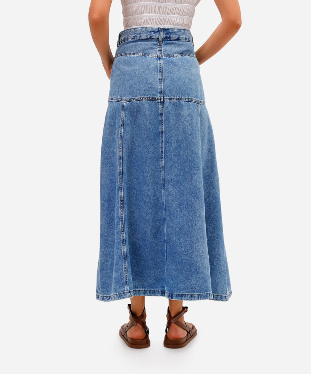 saia evasê feminina jeans cintura alta com recortes azul